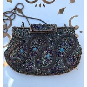 Vintage Sharmark Beaded Evening Bag Paisley Bronze Shoulder Chain Formal Purse